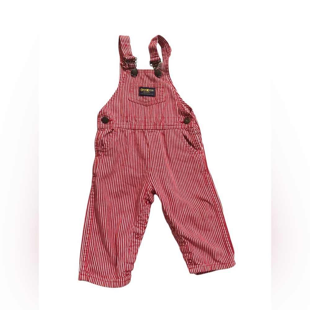 Vintage Oshkosh B’Gosh Red & White Striped Denim Overalls Sz 24 Mo
